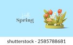 Spring bright flowers on a green podium, 3D. Hello, spring. Holiday greeting. Floral decor, green plants. Blue banner. Vector