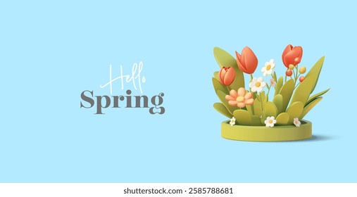 Spring bright flowers on a green podium, 3D. Hello, spring. Holiday greeting. Floral decor, green plants. Blue banner. Vector