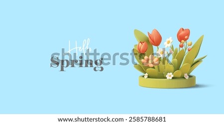 Spring bright flowers on a green podium, 3D. Hello, spring. Holiday greeting. Floral decor, green plants. Blue banner. Vector