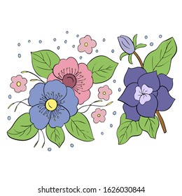 Spring bright flowers on a white background in vector graphics. For the design of postcards, wallpapers, packaging, prints on textiles, bedding, clothes.