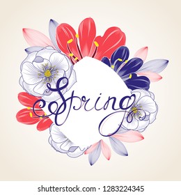 Marco luminoso de primavera con flores abstractas de rosa, clivia. Invitación a la ceremonia de bodas, felicitaciones.
