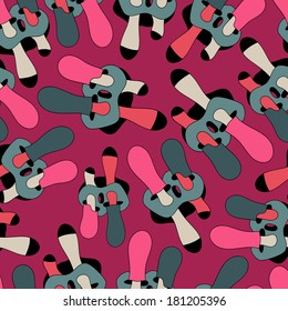 Spring bright juicy colors green pink black.Fantastic mushrooms continuous seamless vector pattern. Seamless pattern can be used for web page backgrounds, wallpapers pattern.