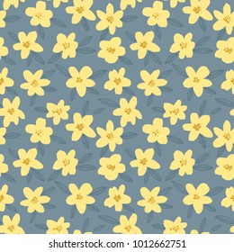 Spring bright seamless floral pattern with yellow hand drawn flowers on gray background. Ditsy print. Vector illustration