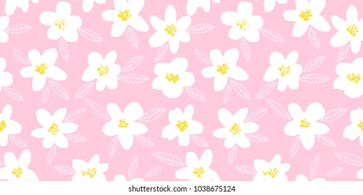 Spring bright seamless floral pattern with white hand drawn flowers on pink background. Ditsy print. Vector illustration