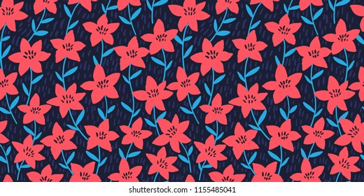 Spring bright seamless floral pattern with red hand drawn flowers on dark background. Ditsy print. Vector illustration
