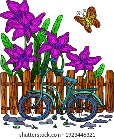 Spring bright simple vector illustration with color bike, big flowers, butterfly, fence.