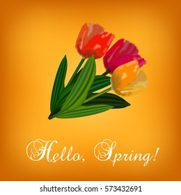 Spring bright tulip flowers on blurred golden background. Hello spring card. Vector illustration.