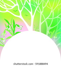 Spring bright vector illustration. March, flowering snowdrops in a snowy forest. Branches of trees and flowers. Semicircle space for text. Elements design for spring banners, sales, advertisement