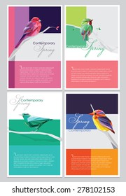 spring brochure covers collection in colorful geometric contemporary design with bird illustrations as decorations. Environmental friendly concept themes