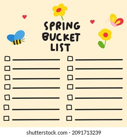 Spring bucket list. Printable template. Vector illustration on white background.