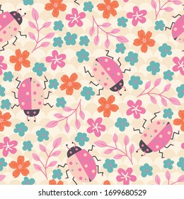 Spring Bugs and Flowers Vector Seamless Pattern