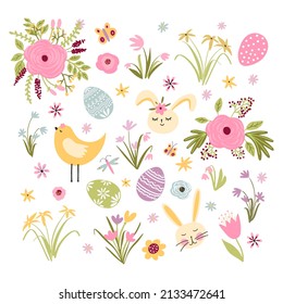 Spring bundle, spring vector hand drawn set for any design purposes. Cozy minimalist hygge style hand-drawn easter vector illustrations