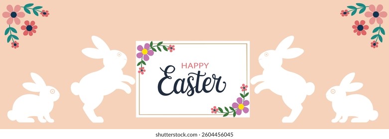 Spring Bunnies Celebrate Easter Together,Floral Easter Wishes with Bunnies,Happy Easter with Floral Decorations,Joyful Easter Greetings with Rabbits.