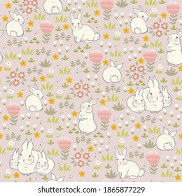 Spring Bunnies Seamless Pattern With Flowers. Vector Graphics.