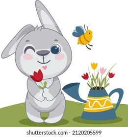 Frühlingshase. Ein untergeordnetes Zeichen. Cute Cartoon Stil. Postkarte. Poster. Dekorationselement