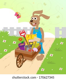 Spring Bunny - Cute bunny with a wheelbarrow and decorative background. Eps10