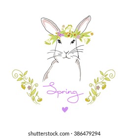 Spring bunny in floral wreath. Vector illustration for design