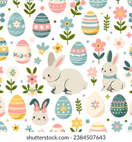 The 'Spring Bunny and Florals Seamless Pattern' showcases playful rabbits amid a cheerful array of Easter eggs and spring blossoms, perfect for seasonal decor and apparel.