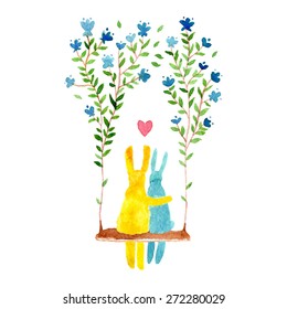 Spring bunny illustration.Watercolor rabbit background.Colorful abstract texture.Watercolor rabbit with flowers.Hare silhouette. Valentine's day background. Rabbits on swing. Flower swing.