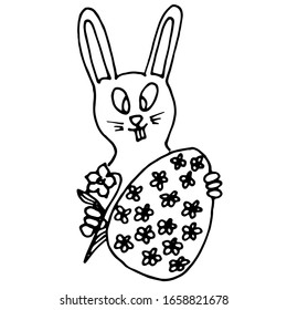 Spring bunny, rabbit, cute character for Easter decorations, coloring and greeting cards. Hand drawn vector illustration with cute  bunny with an egg and flower. Isolated stock vector illustration.