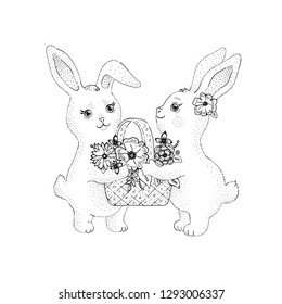 Spring bunny rabbits with flowers blossom in basket. Cute baby couple, lovely cartoon animals. For Mother day, Valentine day, birthday. Hand drawn ink line vectir illustration isolated on white
