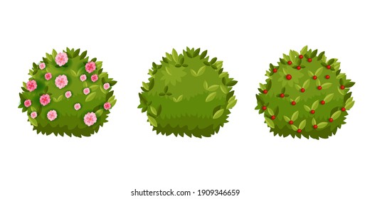 Spring Bush, Shrub Green Garden Cartoon Hedge Set With Green Leaves, Flower Blossom,berries. Summer Landscape Nature Cartoon Objects Collection Isolated On White. Spring Round Bush Plants Floral Icons