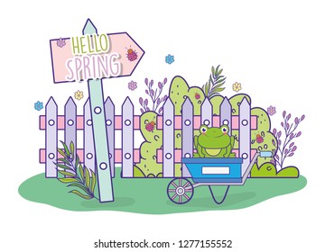spring bushes with flowers and frog in the wheelbarrow