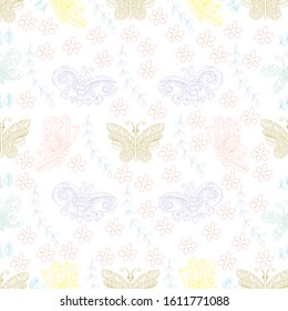 Spring butterflies and flowers seamless pattern. 