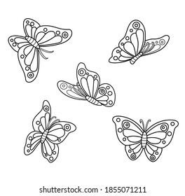 Spring butterflies outlined for coloring on a white background 