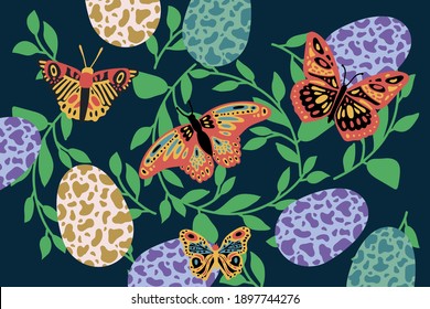 Spring butterflies in the tropics. The Doodle depicted a winged, soaring butterflies, flowers, spring, Easter, eggs. Vector illustration