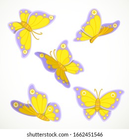 Spring butterflies yellow-violet flutter on a white background