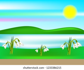 Spring butterfly background snowdrops