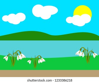 Spring butterfly background snowdrops