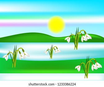 Spring butterfly background snowdrops