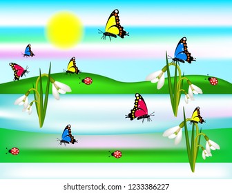 Spring butterfly background snowdrops