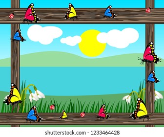 Spring butterfly background snowdrops