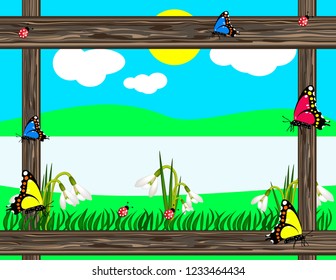 Spring butterfly background snowdrops