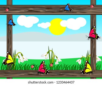 Spring butterfly background snowdrops