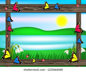 Spring butterfly background snowdrops