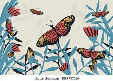 Spring butterfly banner. The doodles depicted winged, soaring butterflies, flowers, spring, eggs, and summer. Flower poster with moths in the tropics. Vector illustration