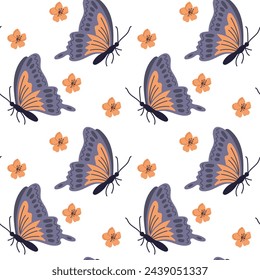 Spring butterfly with flowers seamless pattern. Flat hand drawn colored elements on white background. Unique print design for textile, wallpaper, interior, wrapping. Spring concept