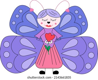 Mariposa de primavera con un tulipán en las manos. Ilustración vectorial. Se puede usar como icono o imprimir en ropa.
