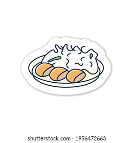 Icono de etiqueta de col de primavera. Dulce a la carne en el plato. Emblema vectorial de comida japonesa