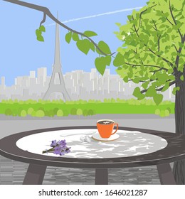 Frühlingscafé in Paris mit einer Tasse Kaffee auf einem Tisch im Schatten von Bäumen mit Blick auf die Stadt. Vektorillustration.
