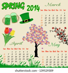 Spring calendar for 2014, vector illustration