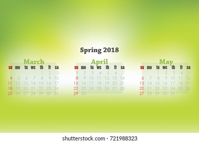 Spring calendar 2018 on beauty season colored blurred background