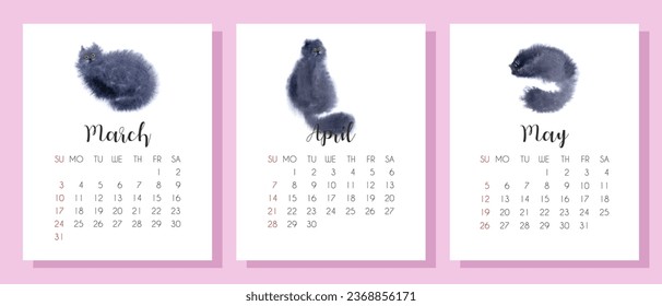 Calendario de primavera de 2024 con color de agua dibujado a mano gato negro. Calendario de primavera de 2024 con un lindo y esponjoso gato.