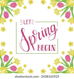 Spring calligraphic greeting card on white background. Vector typography design for banner, poster, card. Modern vector calligraphy in floral frame