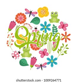 spring calligraphic text with flower animals decoration symbol