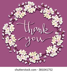 Spring calligraphy card. Hand drawn chery wreath. Circle frame, blossom cherry branches. Calligraphy quote thank you. Hand drawn lettering quote, cherry border on purple background isolated